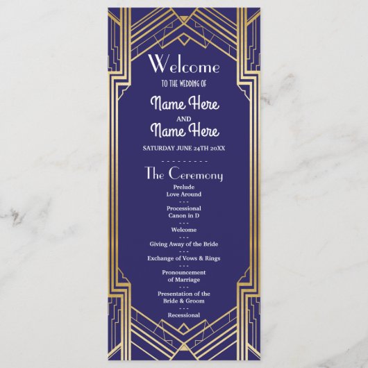 Gatsby Navy & Gold Art Deco Hochzeitsprogramm aus Programm (Vorderseite)