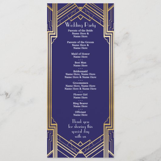 Gatsby Navy & Gold Art Deco Hochzeitsprogramm der  Programm (Rückseite)