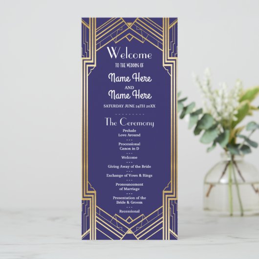 Gatsby Navy & Gold Art Deco Hochzeitsprogramm der Programm (Stehend Vorderseite)