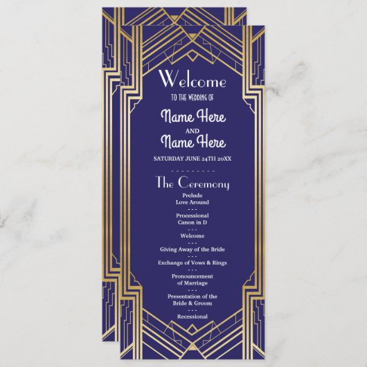 Gatsby Navy & Gold Art Deco Hochzeitsprogramm der Programm (Vorne/Hinten)