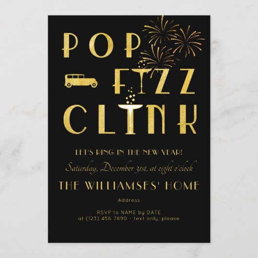 Gatsby Pop Fizz Clink Art Deco New Years Eve Black Einladung (Vorderseite)