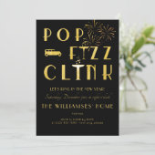 Gatsby Pop Fizz Clink Art Deco New Years Eve Black Einladung (Stehend Vorderseite)