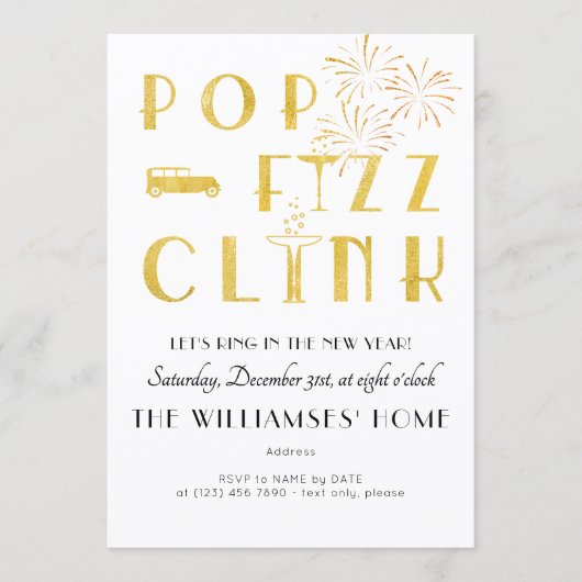 Gatsby Pop Fizz Clink Art Deco New Years Eve Party Einladung (Vorderseite)
