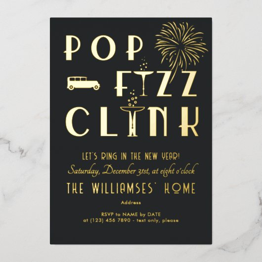 Gatsby Pop Fizz Clink Art Deco Silvester Party Folieneinladung (Vorderseite)