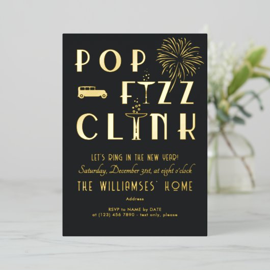 Gatsby Pop Fizz Clink Art Deco Silvester Party Folieneinladung (Stehend vorne)
