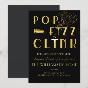 Gatsby Pop Fizz Clink Art Deco Silvester Schwarz Einladung