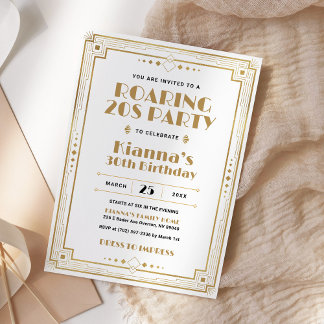 Gatsby Roaring 20er Art Deco Geburtstag Weißes Gol Einladung