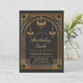 Gatsby Roaring 20er Deko Chandeliers Chic Birthday Einladung (Stehend Vorderseite)