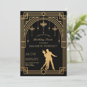 Gatsby Roaring 20er Deko Chandeliers Gold Birthday Einladung (Stehend Vorderseite)
