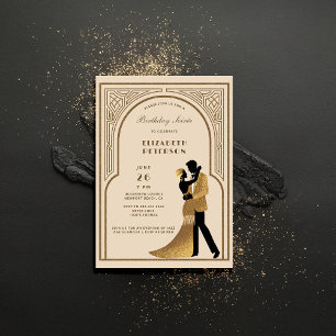 Gatsby Roaring Twenties Deco Bogen Beige Geburtsta Einladung