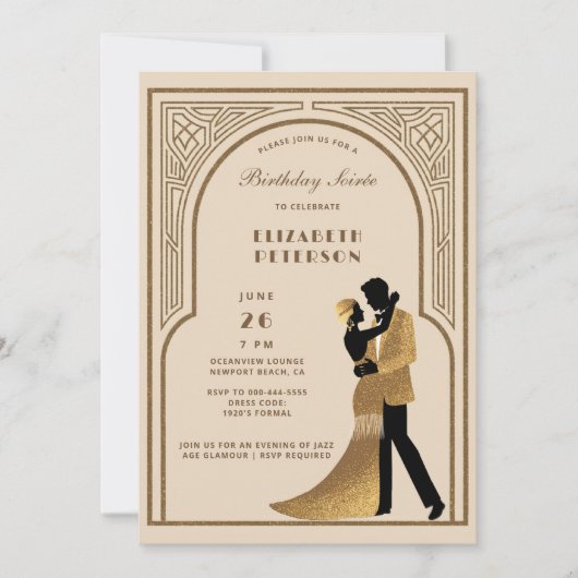 Gatsby Roaring Zwanziger Deko Arch Beige Geburtsta Einladung (Vorderseite)