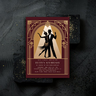 Gatsby Speakeasy 1920er Deko Gold Burgundy Geburts Einladung