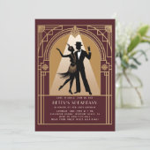 Gatsby Speakeasy 1920er Deko Gold Burgundy Geburts Einladung (Stehend Vorderseite)