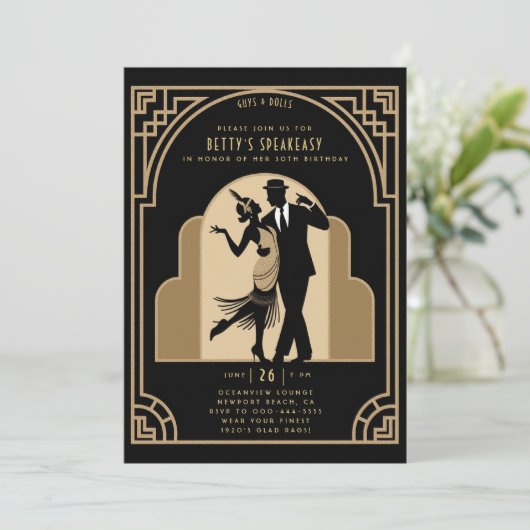 Gatsby Speakeasy Flapper Roaring 20er Deko Birthda Einladung (Stehend Vorderseite)