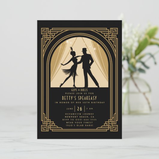 Gatsby Speakeasy Nouveau Flapper Deko Birthday Einladung (Stehend Vorderseite)