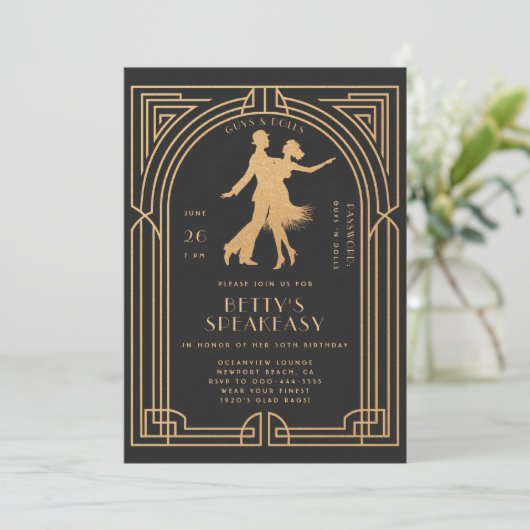 Gatsby Speakeasy Roaring 20 Flapper Tanz Geburtsta Einladung (Stehend Vorderseite)