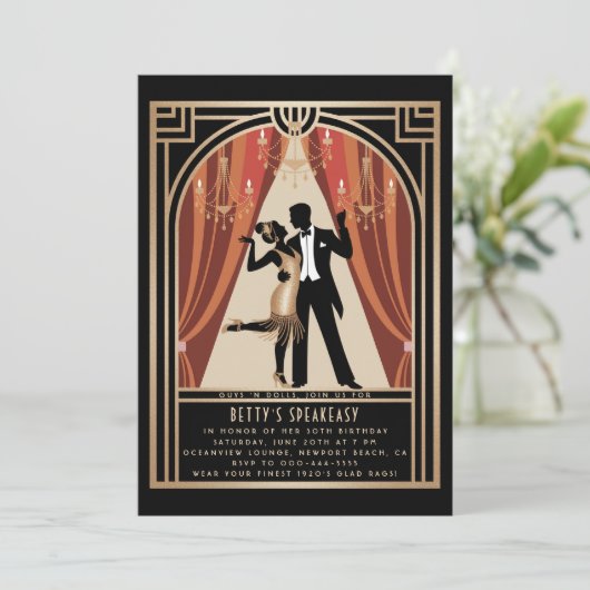 Gatsby Speakeasy Roaring 20er Deko Dance Birthday Einladung (Stehend Vorderseite)
