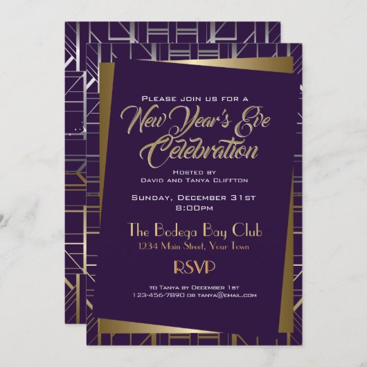 Gatsby Style NYE Gold und Midnight Blue Einladung (Vorne/Hinten)