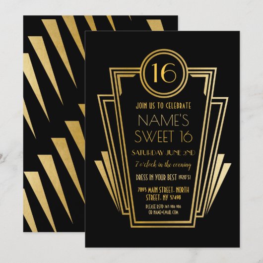 Gatsby Sweet 16 Geburtstagsparty Art Deco 1920s Go Einladung (Vorne/Hinten)