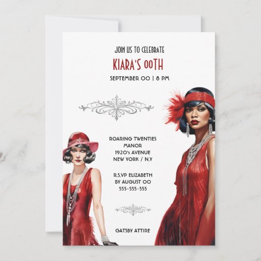 Gatsby Thema rot schwarze Flapper Mädchen melanin Einladung (Vorderseite)