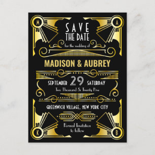Gatsby Wedding Art Deco Gold Schwarz Ankündigungspostkarte