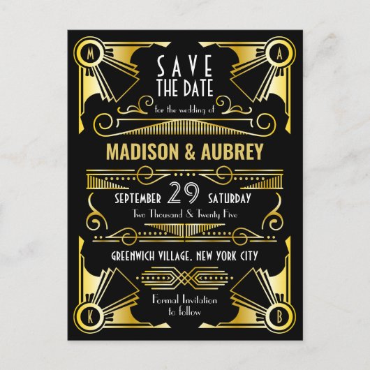 Gatsby Wedding Art Deco Gold Schwarz Ankündigungspostkarte (Vorderseite)
