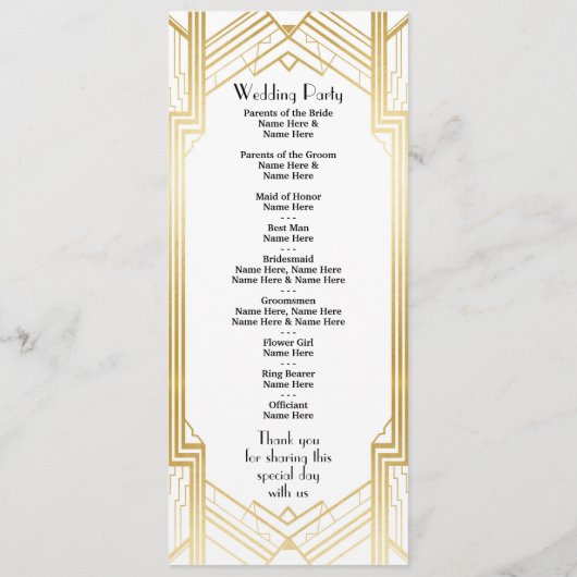 Gatsby White & Gold Art Deco Hochzeitsprogramm der Programm (Rückseite)