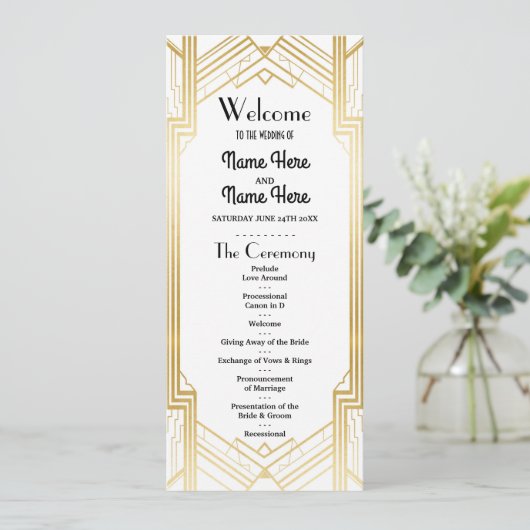 Gatsby White & Gold Art Deco Hochzeitsprogramm der Programm (Stehend Vorderseite)