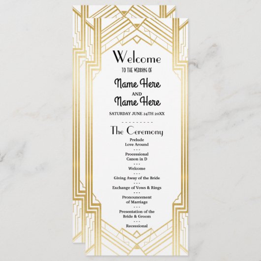 Gatsby White & Gold Art Deco Hochzeitsprogramm der Programm (Vorne/Hinten)