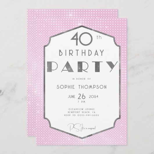 Gatsby White Gold Pink Deko 40. Geburtstag Einladung (Vorne/Hinten)