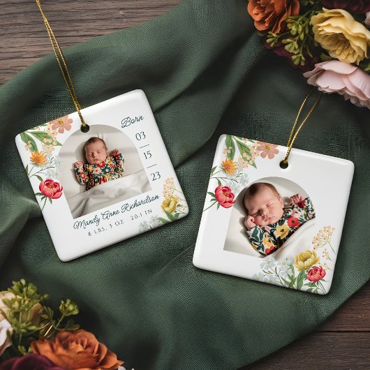 Gauche Floral Wildflower Baby Birth Stat Photo Keramikornament