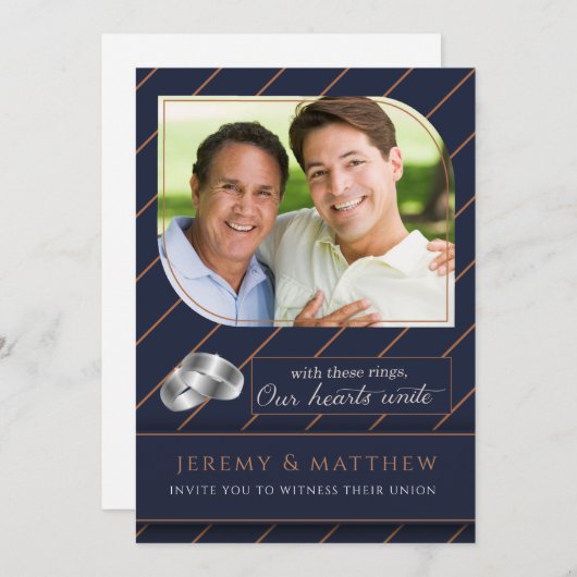 Gay and Lesbian Blue Pinstripe Foto Wedding Einladung (Vorne/Hinten)
