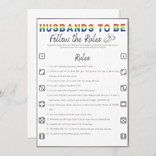 Gay Bachelor Party Game, folgen Sie den Regeln Einladung (Vorne/Hinten)