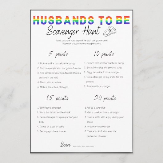 Gay Bachelor Party Game, Scavenger Jagen Einladung (Vorderseite)