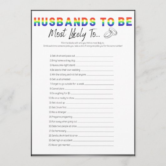 Gay-Bachelor-Party-Spiel, am wahrscheinlichsten Einladung (Vorderseite)