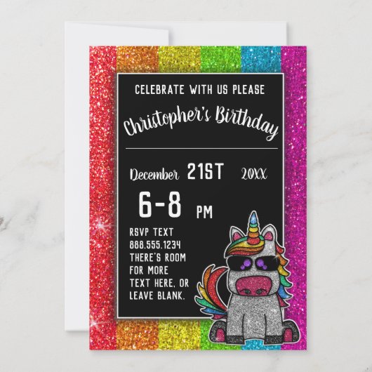 Gay Birthday Party Rainbow Glitzer Unicorn LGBT+ Einladung (Rückseite)