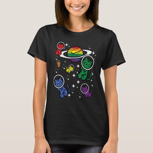 Gay Cats In Space Rainbow Pride Month Lgbtq Ally W T-Shirt (Vorderseite)