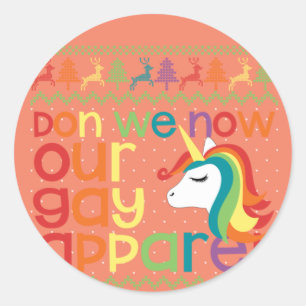 Gay Christmas Rainbow Unicorn Don We Now Our Gay Runder Aufkleber