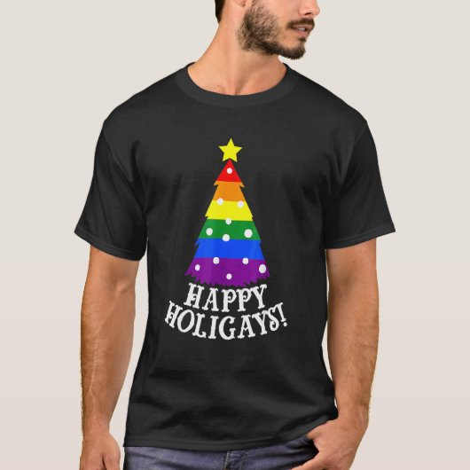 Gay Christmas Tree Happy Holigays Rainbow Pride T-Shirt (Vorderseite)