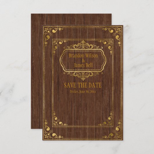 Gay Couple Brown Barnwood and Gold Frames Wedding Save The Date (Vorne/Hinten)