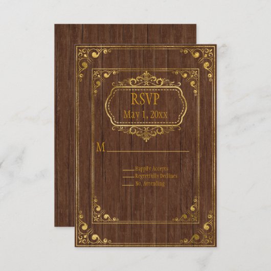 Gay Couple Brown Barnwood and Gold Wedding RSVP (Vorne/Hinten)