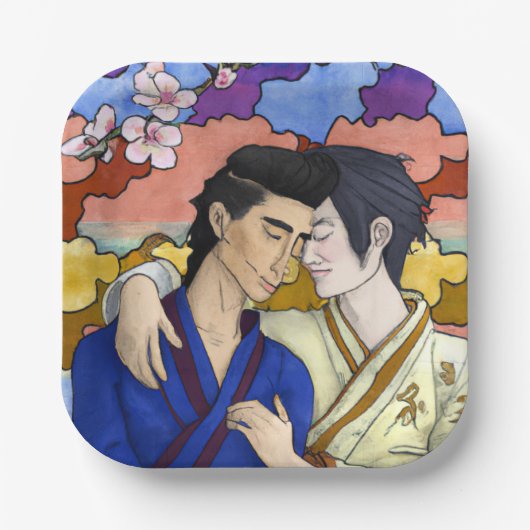 Gay Couple im Stil der japanischen Kunst Ukiyo-e Pappteller (Vorderseite)