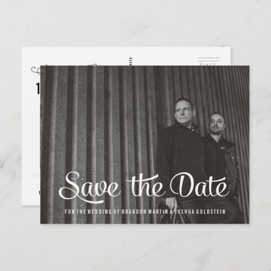 Gay Couple Retro Save the Date Foto Ankündigungspostkarte (Vorne/Hinten)