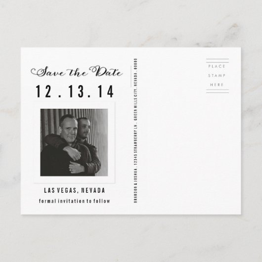 Gay Couple Retro Save the Date Foto Ankündigungspostkarte (Rückseite)