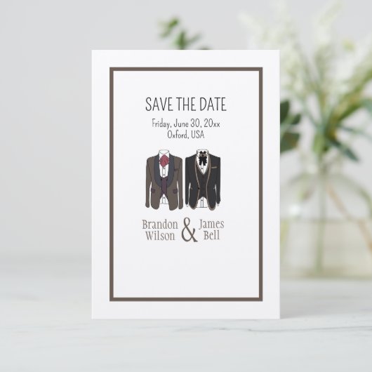 Gay Couple Tuxedos Wedding Save the Date (Stehend Vorderseite)