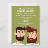 Gay Grooms mit Cartoon Hochzeitsgedanken Einladung (Vorderseite)