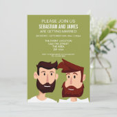 Gay Grooms mit Cartoon Hochzeitsgedanken Einladung (Stehend Vorderseite)