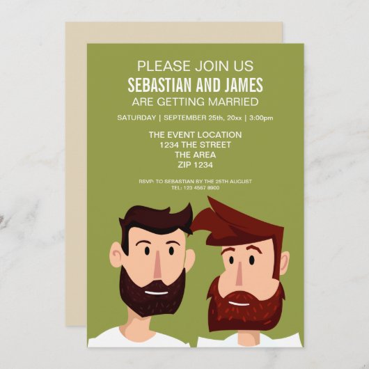 Gay Grooms mit Cartoon Hochzeitsgedanken Einladung (Vorne/Hinten)