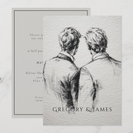 Gay / Grooms Wedding Pencil Drawing  Einladung (Vorne/Hinten)