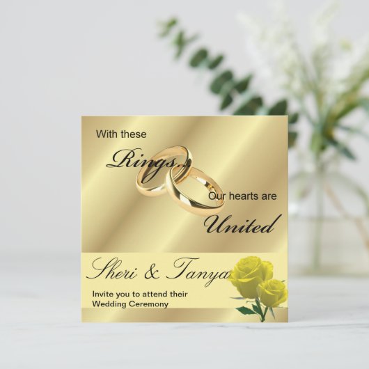 Gay Lesbian Hochzeitszeremonie Einladung Gold (Stehend Vorderseite)